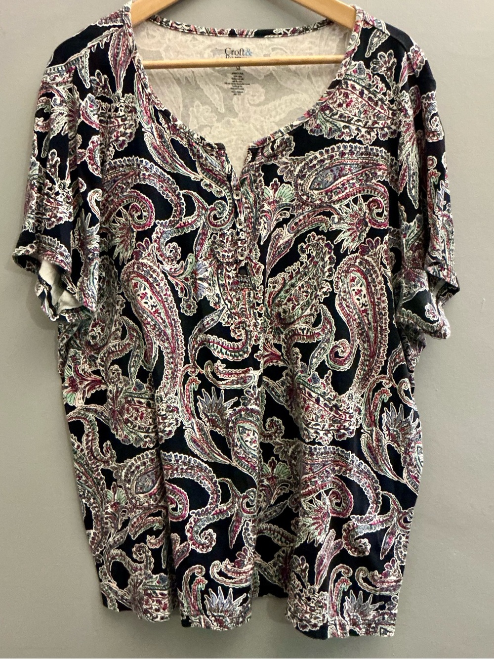Croft & Barrow Paisley Henley Top 3X 100% Cotton Short Sleeve Plus Size